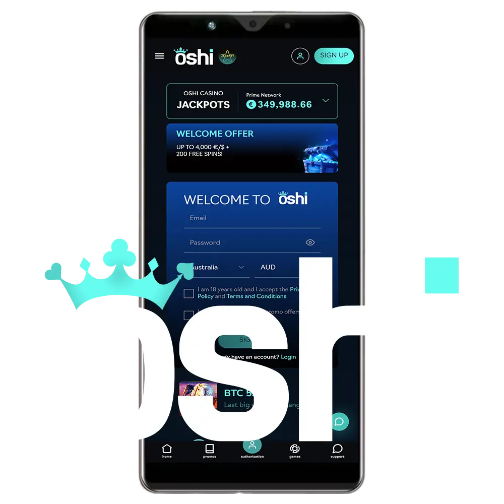 Play at Oshi Casino through the mobile client.