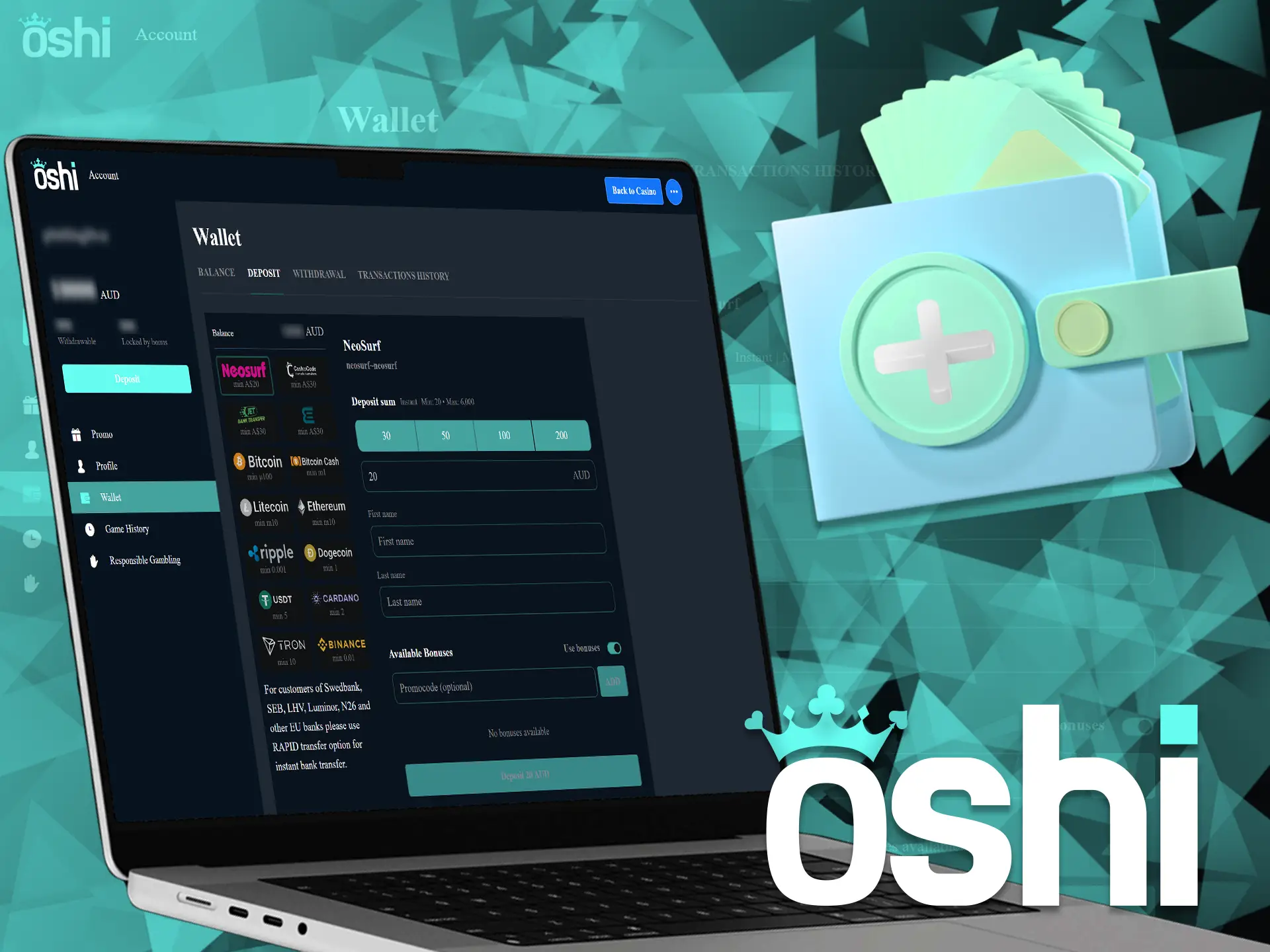 Follow these guidelines to deposit funds and play at Oshi Online Casino.