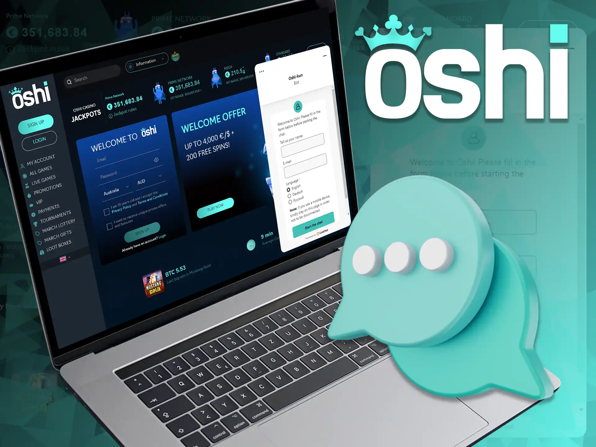 For assistance with your account, deposits, and withdrawals, contact Oshi Online Casino's premium customer support.