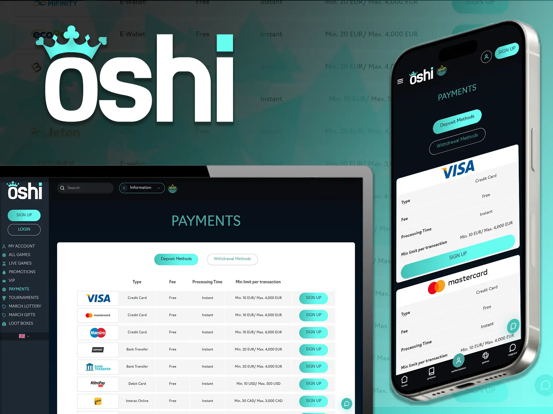 Oshi Online Casino offers fast and easy transactions for your convenience.