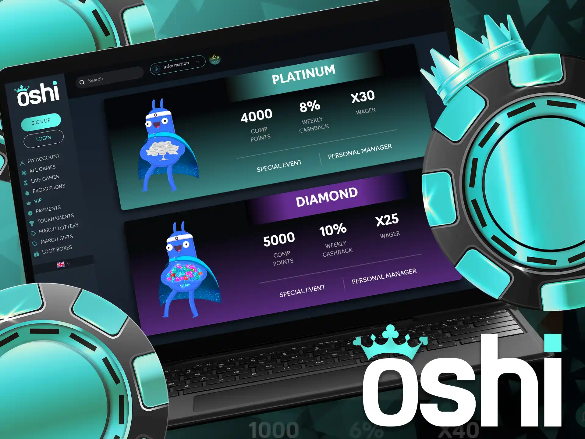 Join the Oshi Online Casino VIP Club and receive exclusive gifts!