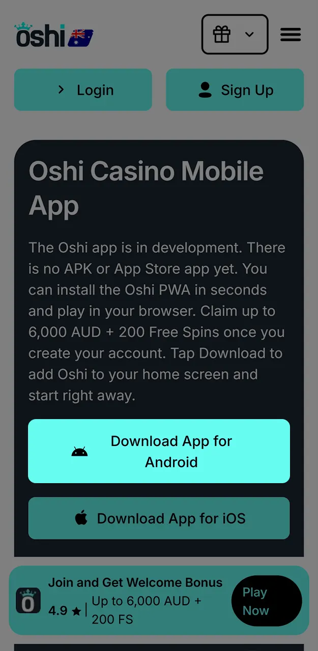 Follow the instructions to install the Oshi Casino app on Android.