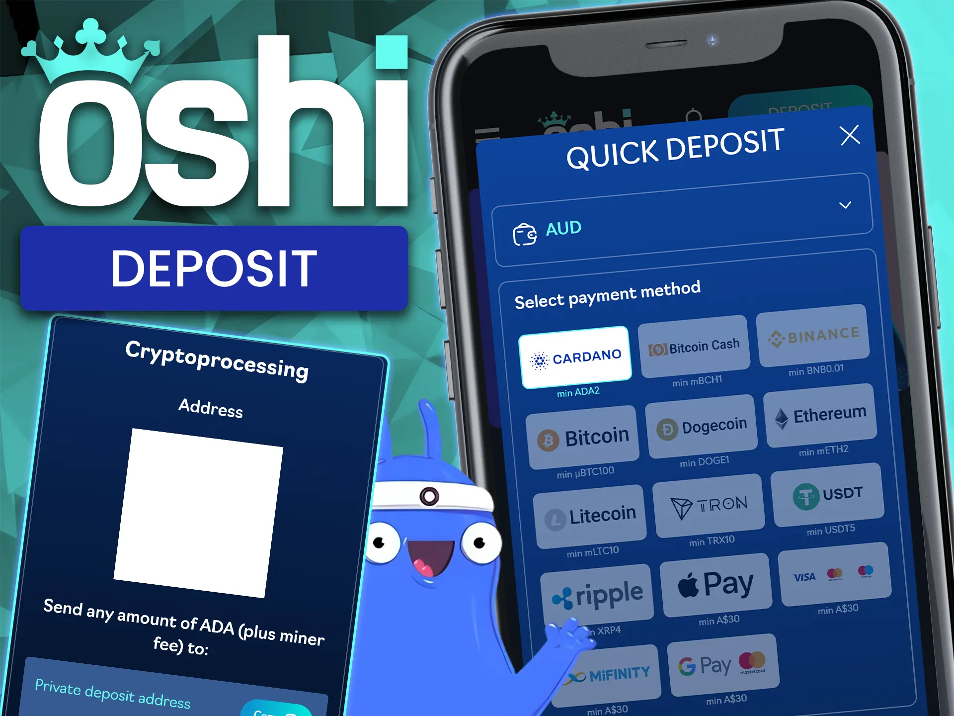 Top up your gaming balance instantly using the mobile cashier at Oshi Casino.