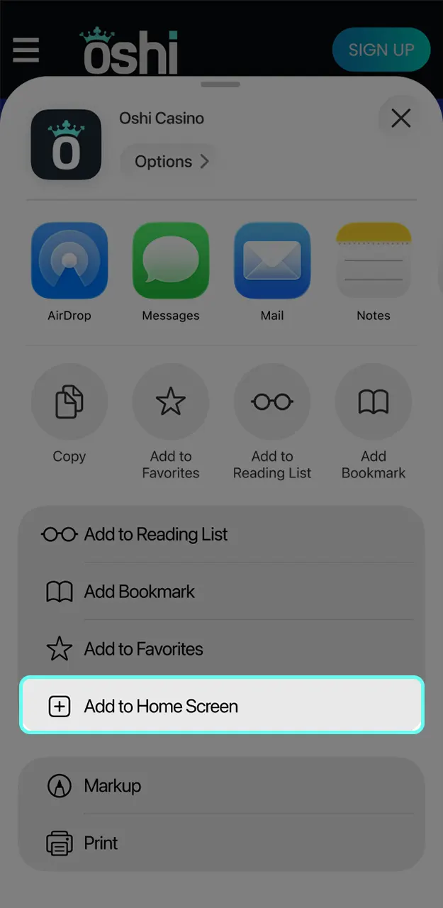 Create the instant-access icon on your device to play at Oshi Casino.