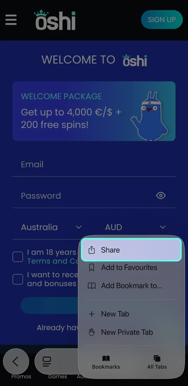 Download the Oshi Casino app to your smartphone.
