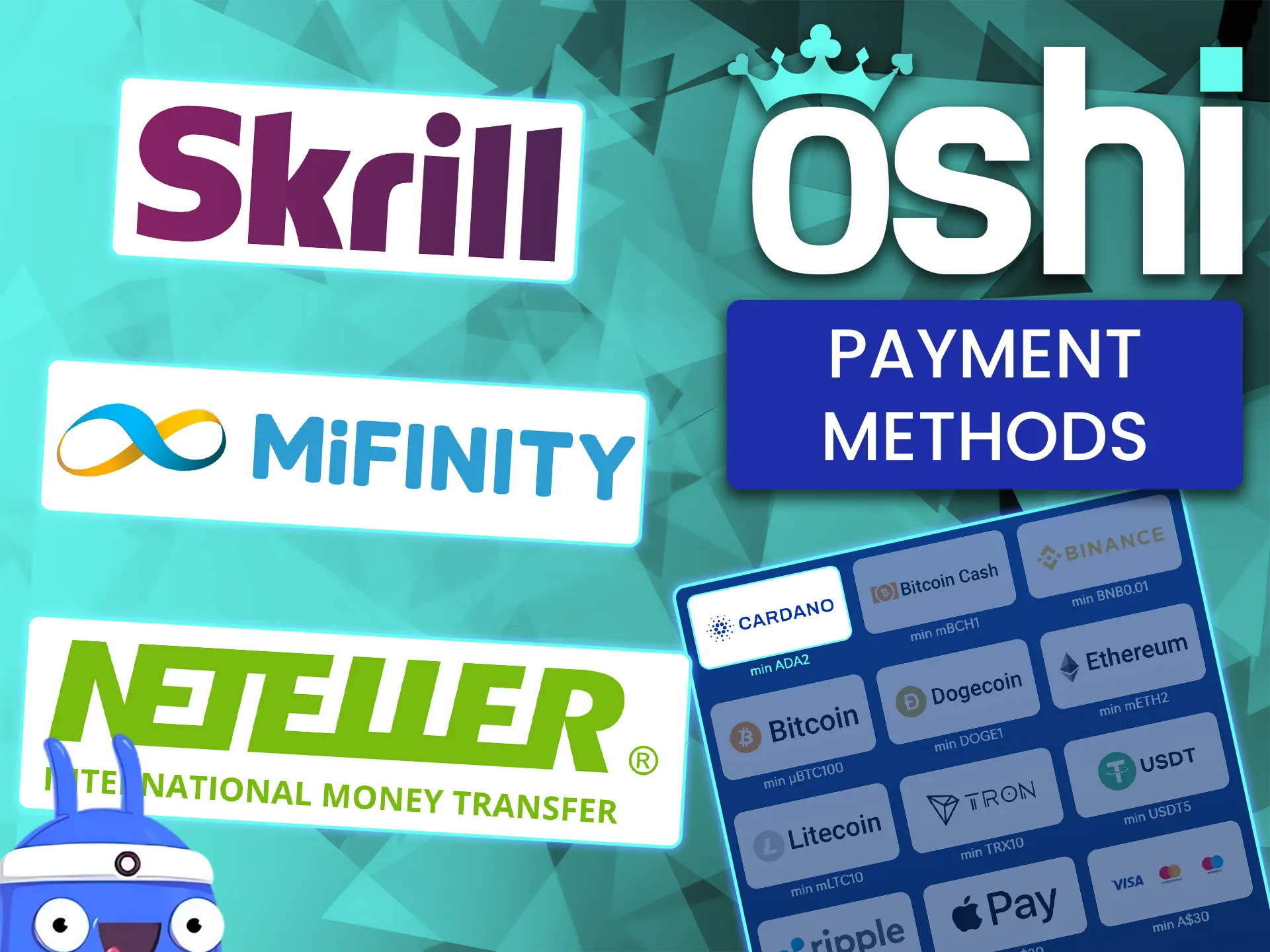 Check out all the local payment methods available at Oshi Casino.