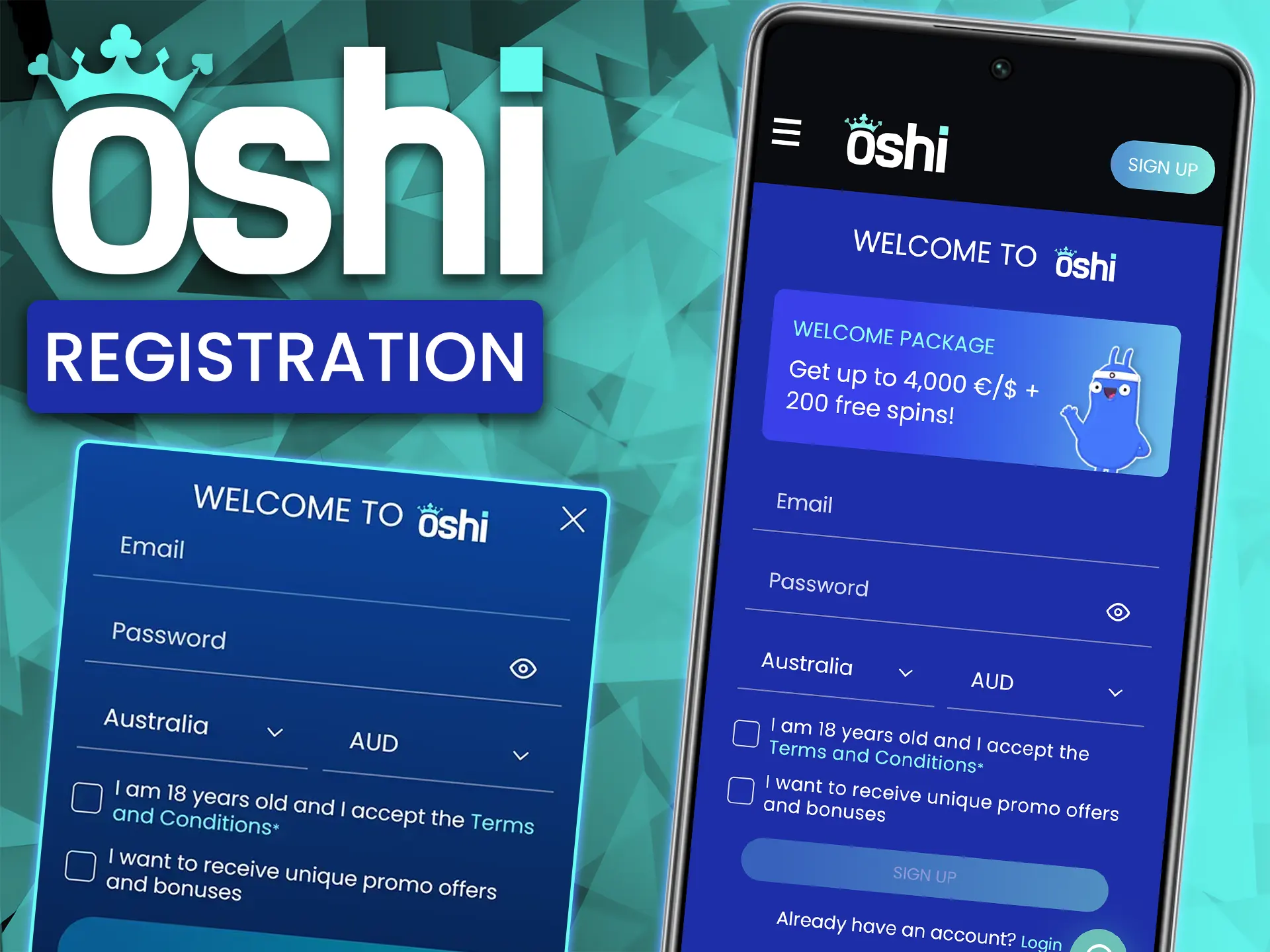 Create a new account in the Oshi Casino mobile app.