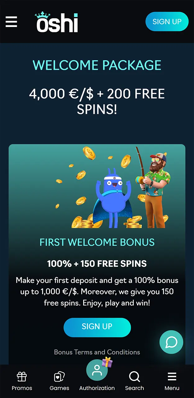 Get a bonus after signing up at Oshi Casino.