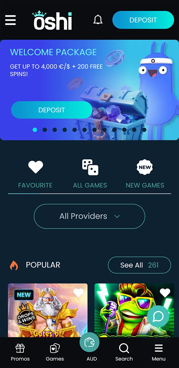 Download the Oshi Casino app for iOS or Android.