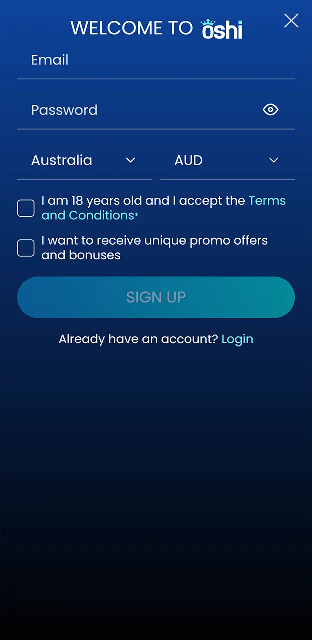 Download the app and sign up at Oshi Casino.