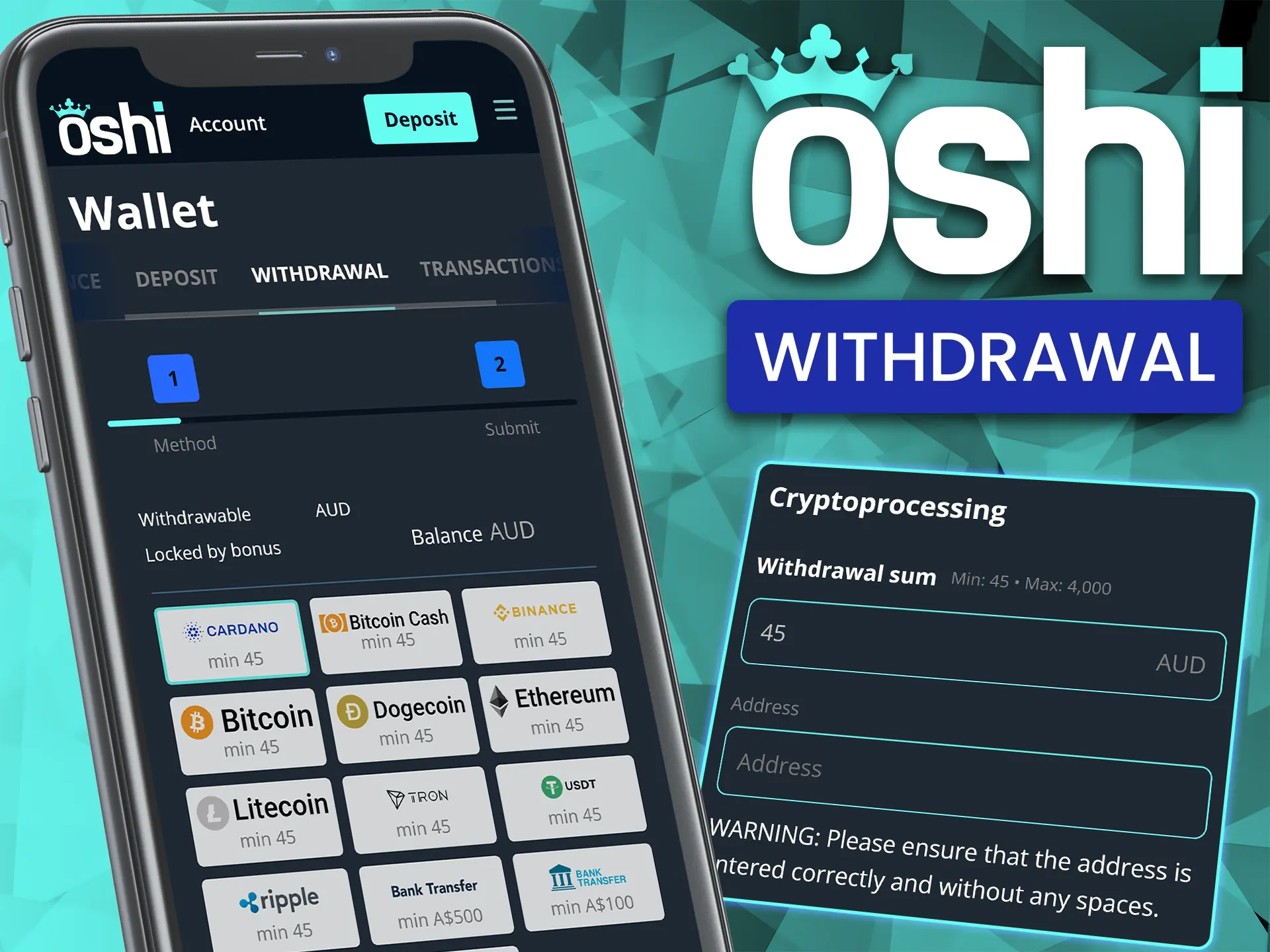 Request a payout of your winnings directly from your mobile device at Oshi Casino.