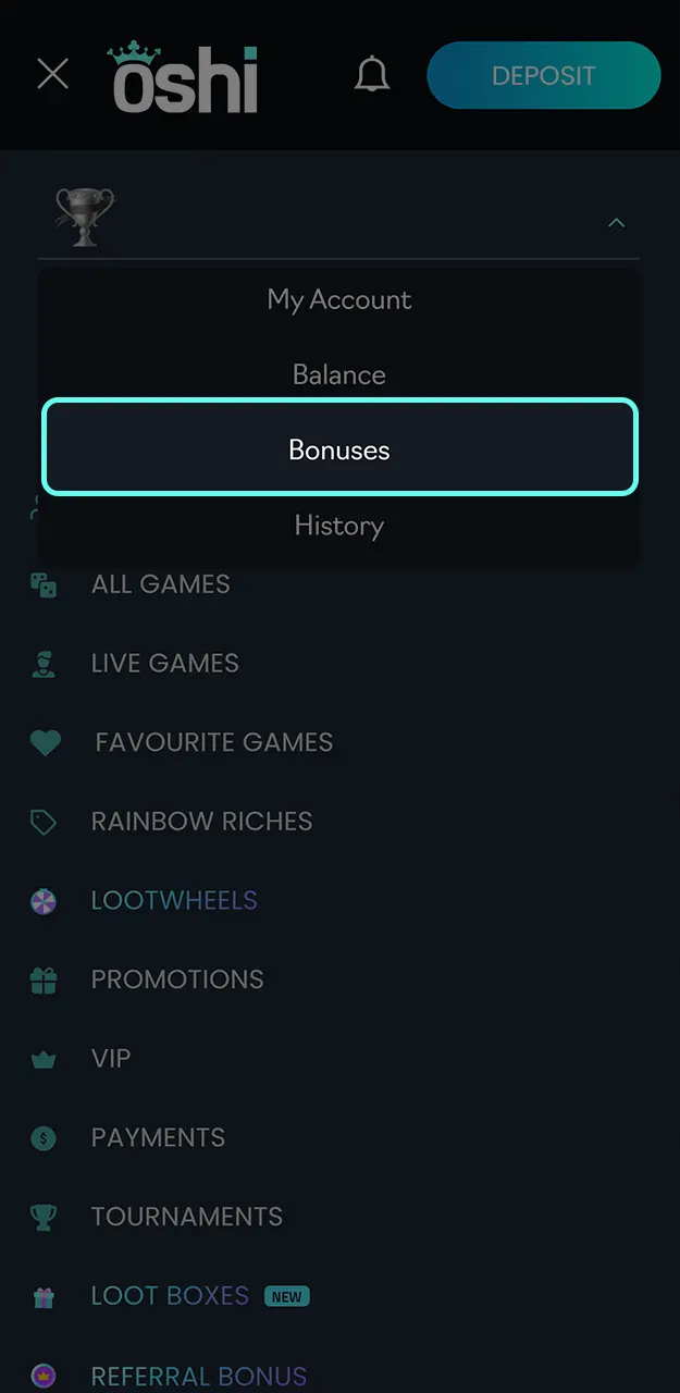 Redeem the bonus in your Oshi Casino account.