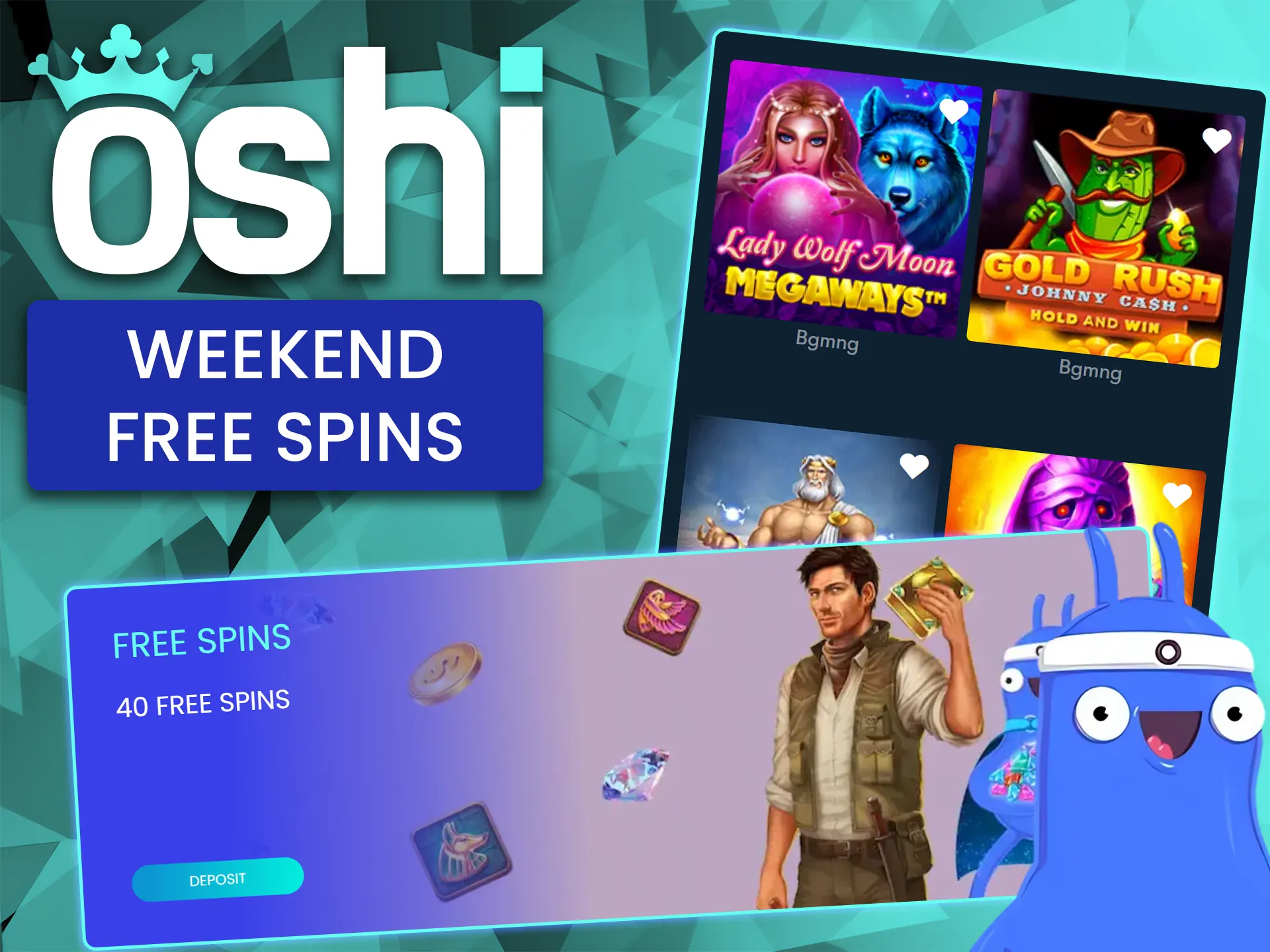 Get a set of free spins to play the best slots at Oshi Casino.
