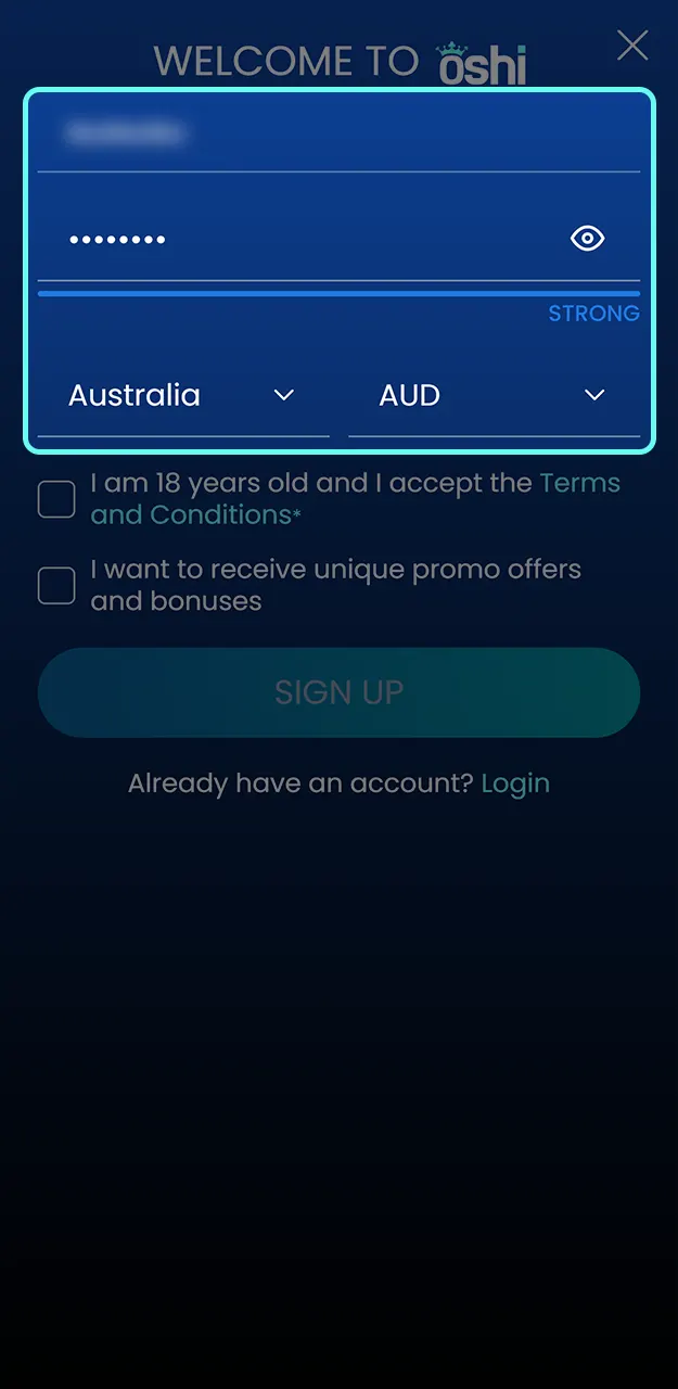 Please enter your personal information to create an account at Oshi Casino.