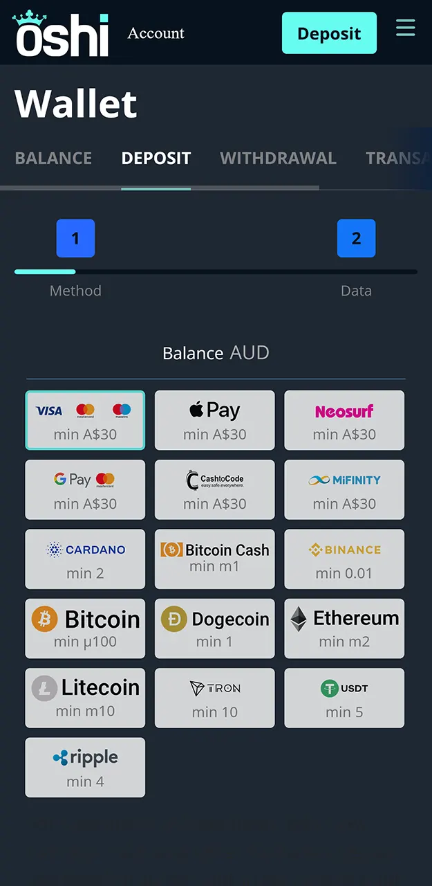 Top up your balance using a convenient method at Oshi Casino.