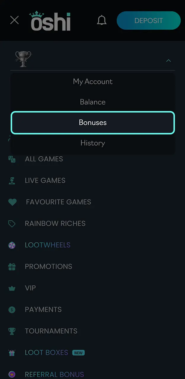 Claim bonuses in your account at Oshi Casino.