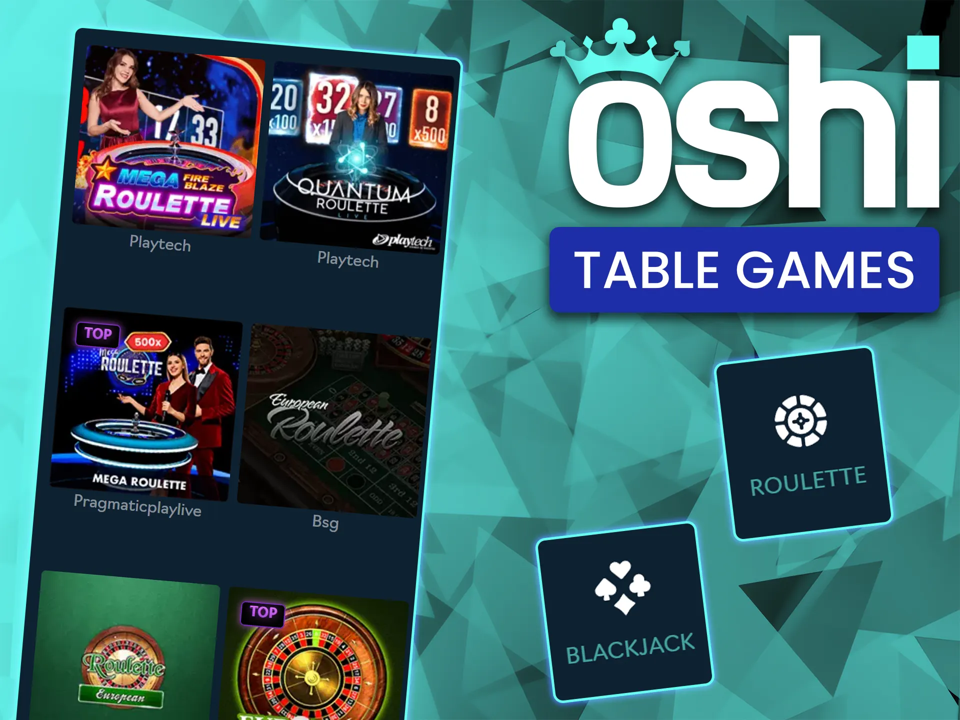 Play classic versions of blackjack, baccarat, and roulette at Oshi Casino.