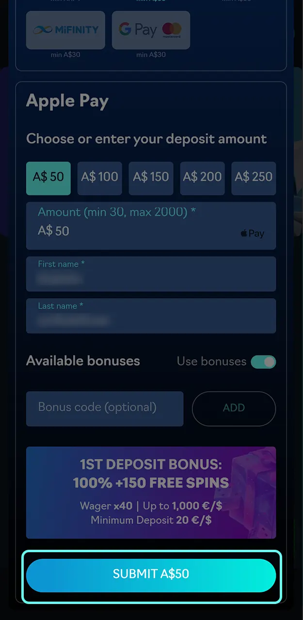 Confirm your deposit and start playing at Oshi Casino.