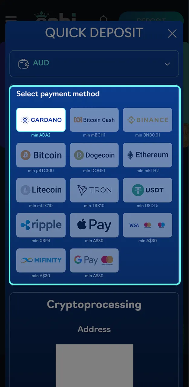 Select your preferred deposit method at Oshi Casino.