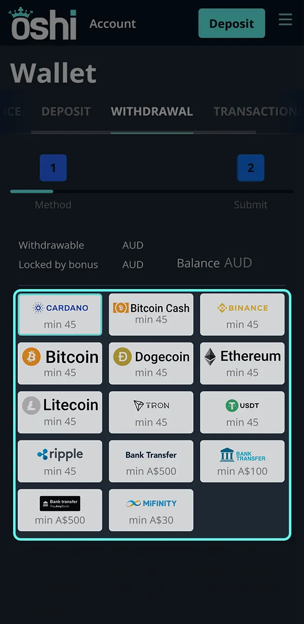 Select the most convenient way to receive your cash prizes from Oshi Casino.