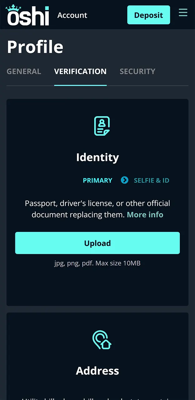 Submit required KYC documents to ensure a smooth withdrawal process at Oshi Casino.