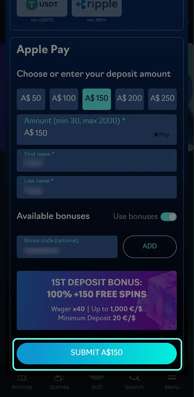 Complete your payment to receive your bonus at Oshi Casino.