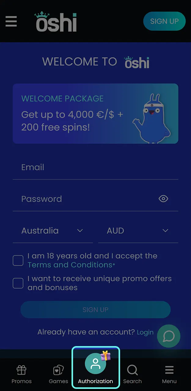 Log in to your account to redeem the bonus code at Oshi Casino.