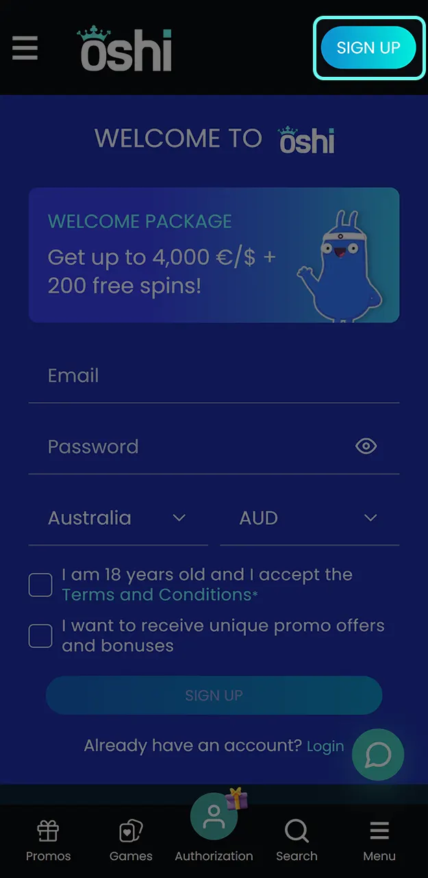 Sign up for a new player account to become eligible for the bonus code at Oshi Casino.