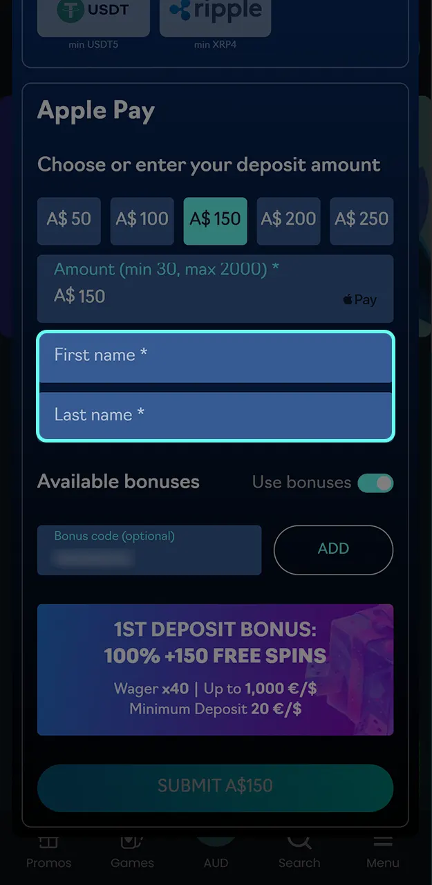 Select your preferred payment method for making a deposit at Oshi Casino.