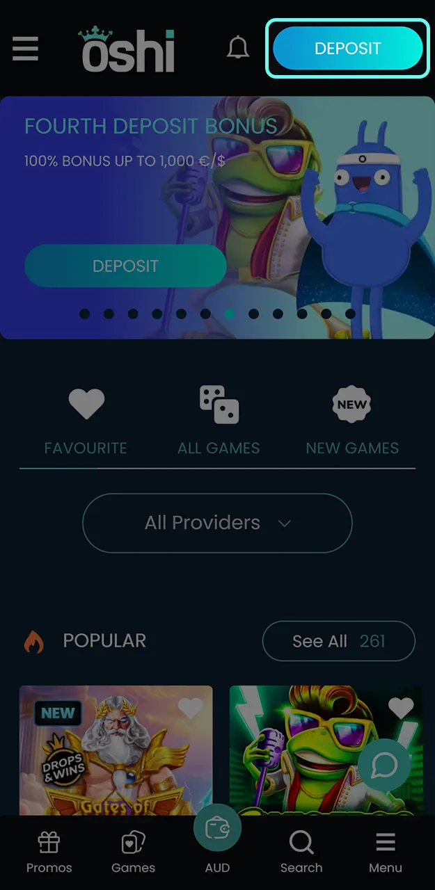 Go to the cashier to deposit funds and activate your bonus at Oshi Casino.