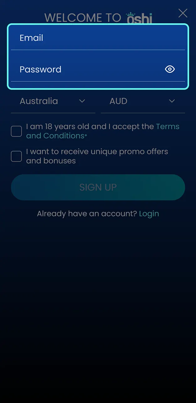 Input your basic information to register while on the go with Oshi Casino.