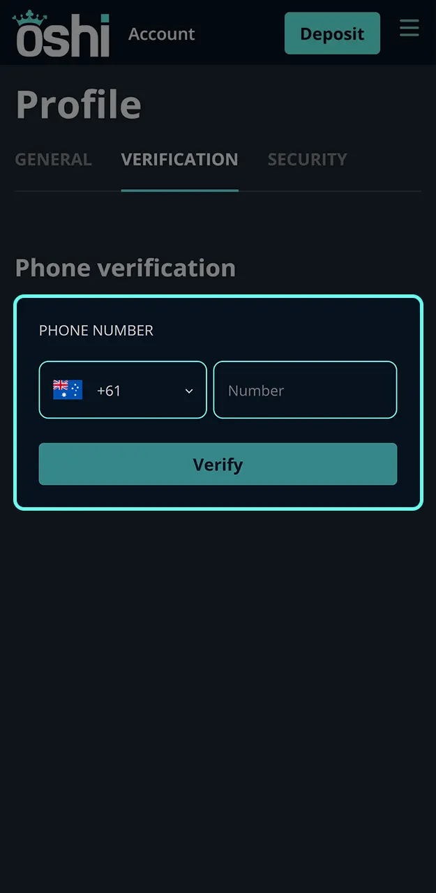 Verify your phone number in the app to activate your profile at Oshi Casino.