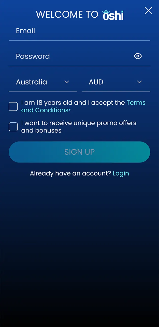 Select your preferred way to create a profile and join Oshi Casino.