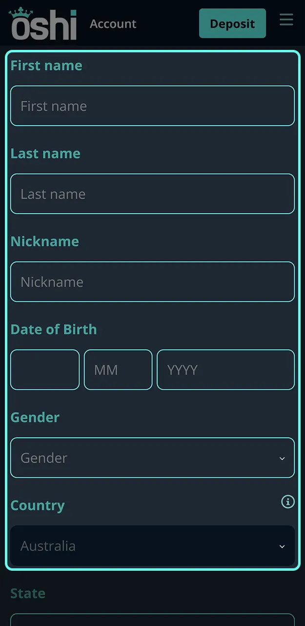 Fill in the required information to identify your user profile at Oshi Casino.