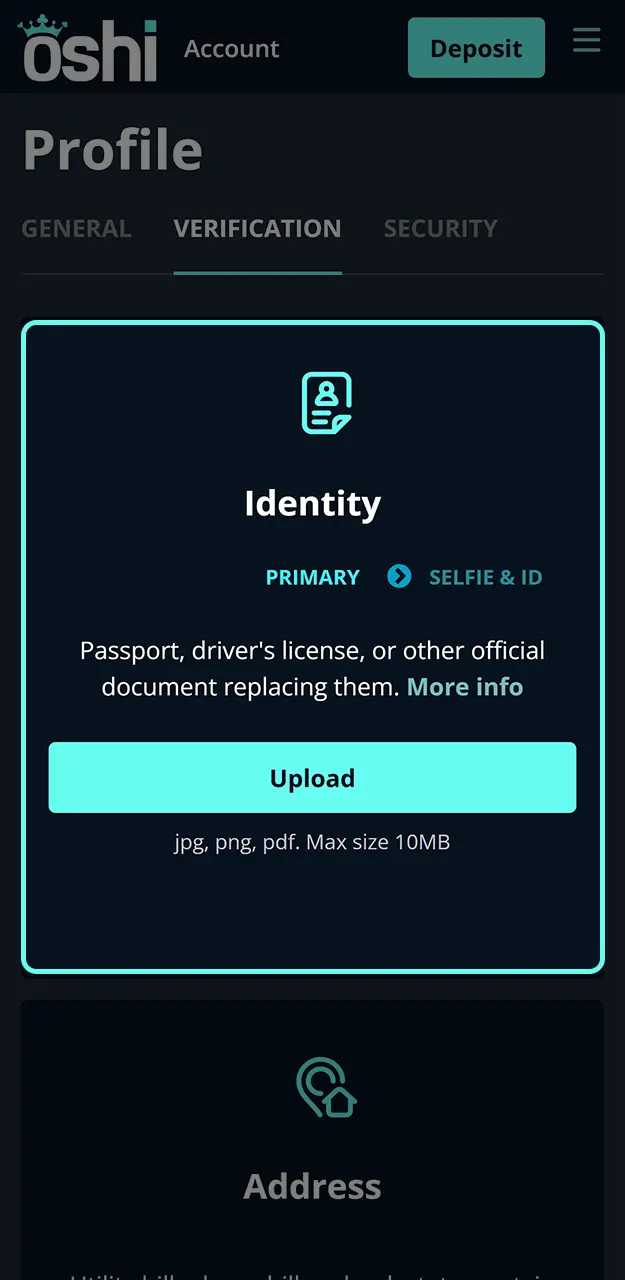 Complete the verification process to gain full access to Oshi Casino.