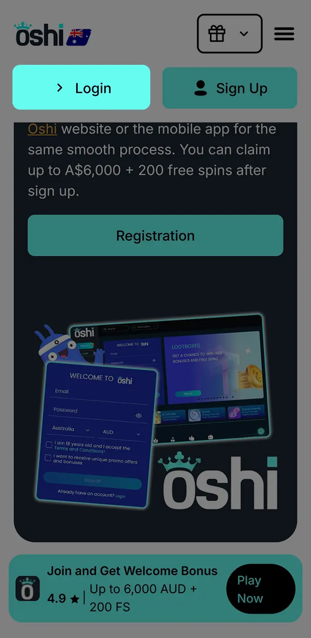 Log in to your account at Oshi Casino.
