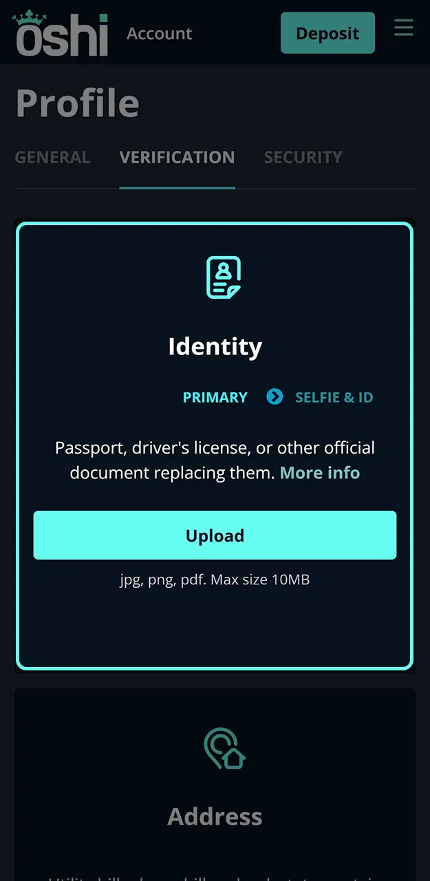 Complete the quick profile verification process at Oshi Casino.