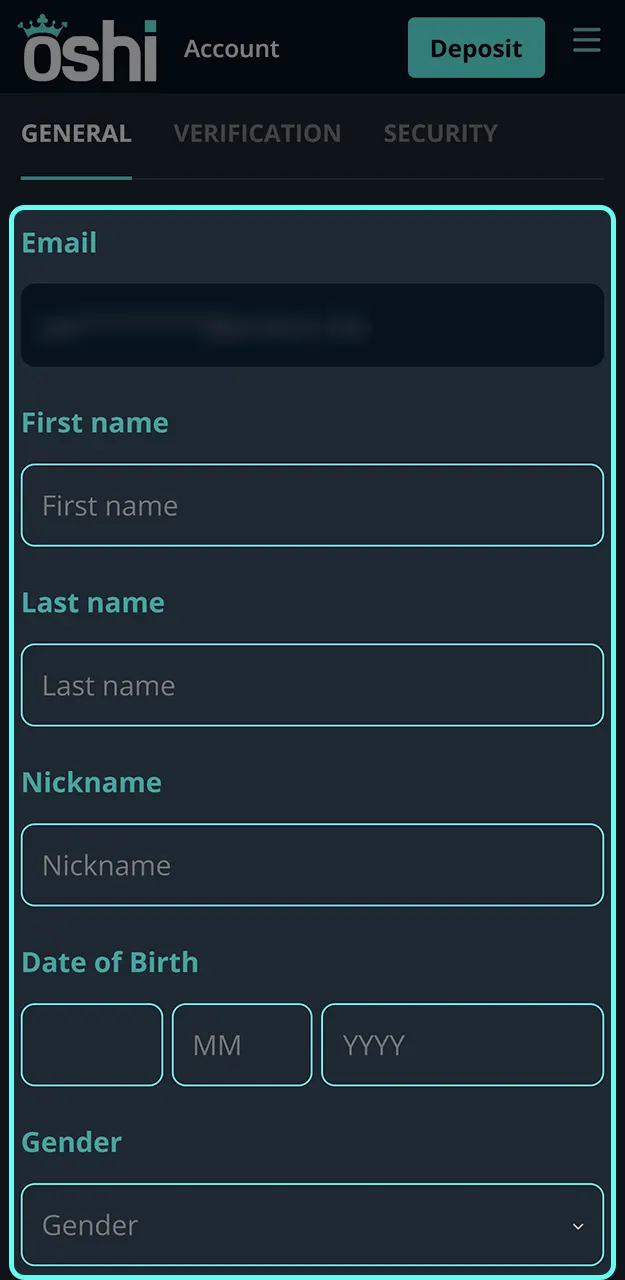 Enter your profile information to continue playing at Oshi Casino.