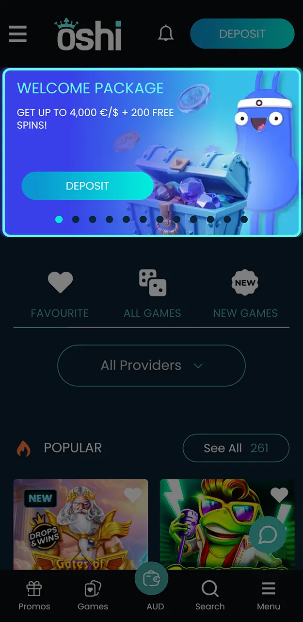 Choose a bonus available after registering at Oshi Casino.